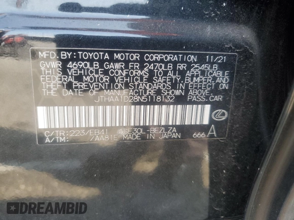 2022 Lexus IS with VIN JTHAA1D28N5118132, listed as a Copart auction lot 85524764 with 11,291 mi miles and Salvage Title. Bid and sale history available at carsss.com. Image 12.