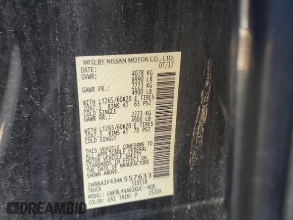 2017 Nissan Titan Pro-4X z VIN 1N6BA1F43HN557633, wystawiony jako Copart lot #46501645 z przebiegiem 94 325 mil mil oraz Szkoda całkowita • Salvage title. Historia ofert i sprzedaży dostępna na DreamBid. Obrazek 12.