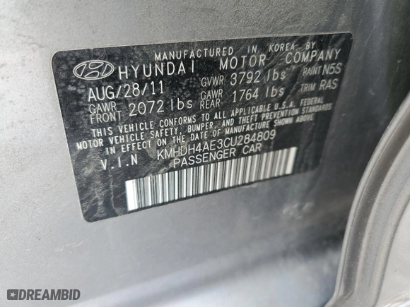 2012 Hyundai Elantra GLS with VIN KMHDH4AE3CU284809, listed as a Copart auction lot 52688265 with 98,504 mi miles and Salvage Title. Bid and sale history available at carsss.com. Image 12.