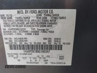 2011 Ford Taurus SHO with VIN 1FAHP2KT8BG100347, listed as a IAAI auction lot 41964597 with 104,603 mi miles and . Bid and sale history available at DreamBid. Image 9.