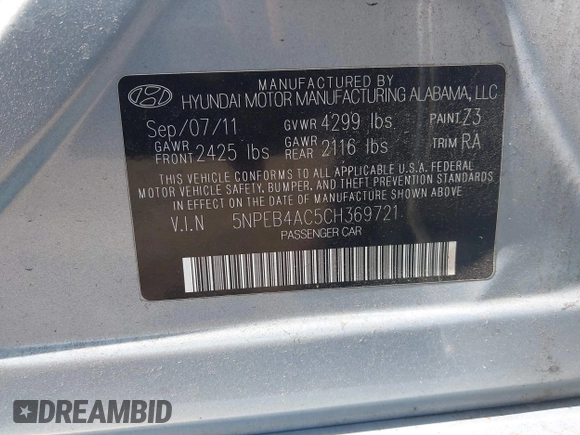 2012 Hyundai Sonata GLS with VIN 5NPEB4AC5CH369721, listed as a IAAI auction lot 42092971 with 125,089 mi miles and . Bid and sale history available at carsss.com. Image 9.