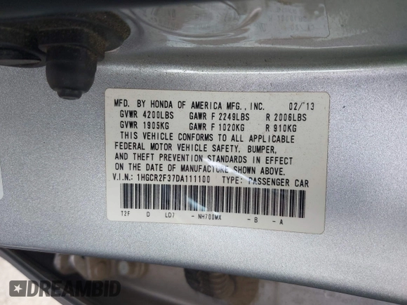 2013 Honda Accord LX z VIN 1HGCR2F37DA111100, wystawiony jako IAAI lot #42189226 z przebiegiem 139 441 mil mil oraz . Historia ofert i sprzedaży dostępna na DreamBid. Obrazek 9.