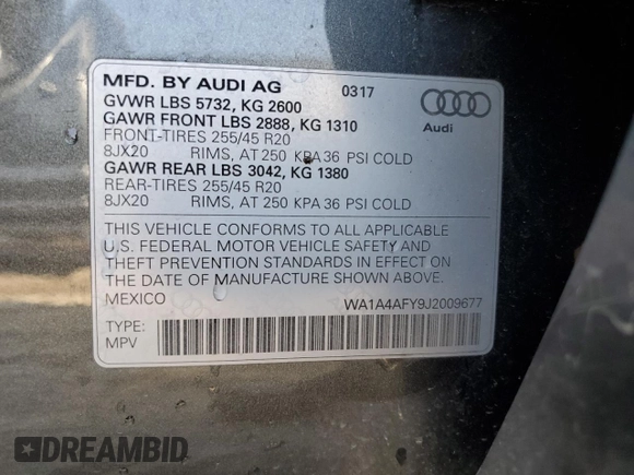 2018 Audi SQ5 Premium Plus with VIN WA1A4AFY9J2009677, listed as a Copart auction lot 44197324 with 40,739 mi miles and . Bid and sale history available at DreamBid. Image 14.