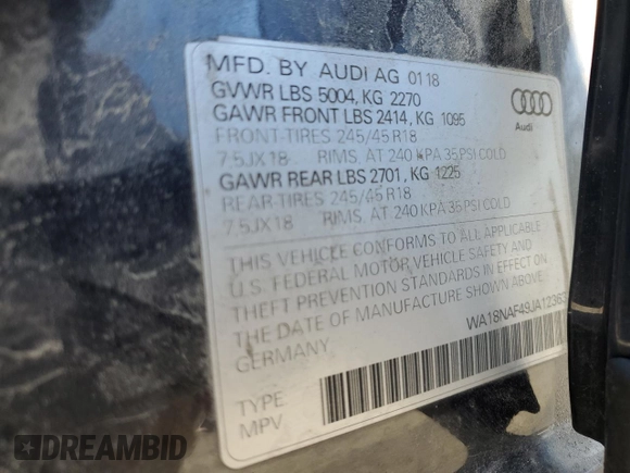 2018 Audi A4 allroad Premium Plus with VIN WA18NAF49JA123631, listed as a Copart auction lot 55131874 with 0 mi miles. Bid and sale history available at carsss.com. Image 12.