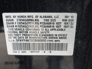 2012 Honda Pilot EX-L with VIN 5FNYF4H72CB080093, listed as a IAAI auction lot 41989095 with 147,900 mi miles and . Bid and sale history available at DreamBid. Image 9.