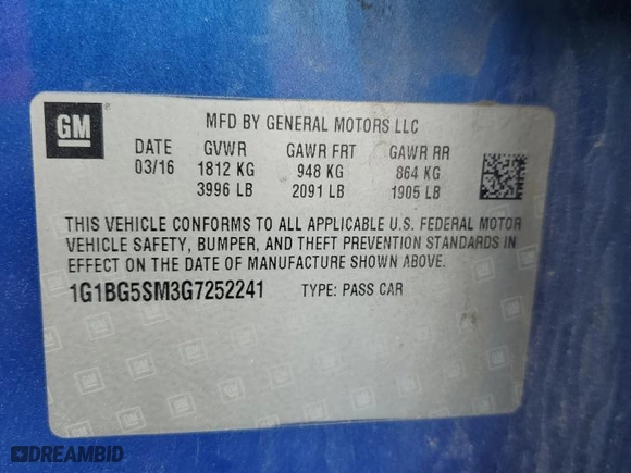 2016 Chevrolet Cruze Premier with VIN 1G1BG5SM3G7252241, listed as a Copart auction lot 53146435 with 79,447 mi miles and Salvage Title. Bid and sale history available at carsss.com. Image 12.
