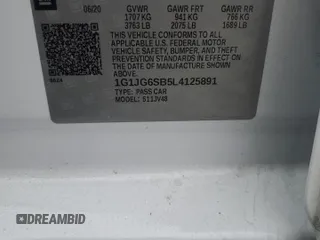 2020 Chevrolet Sonic LT with VIN 1G1JG6SB5L4125891, listed as a Copart auction lot 48792155 with 113,473 mi miles and Salvage Title. Bid and sale history available at DreamBid. Image 12.