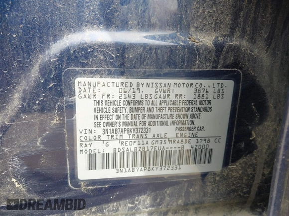 2019 Nissan Sentra S with VIN 3N1AB7AP8KY372331, listed as a IAAI auction lot 42346014 with 102,238 mi miles and . Bid and sale history available at DreamBid. Image 9.