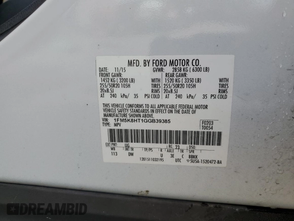 2016 Ford Explorer Platinum with VIN 1FM5K8HT1GGB39385, listed as a Copart auction lot 67790414 with 192,098 mi miles and Salvage Title. Bid and sale history available at DreamBid. Image 13.