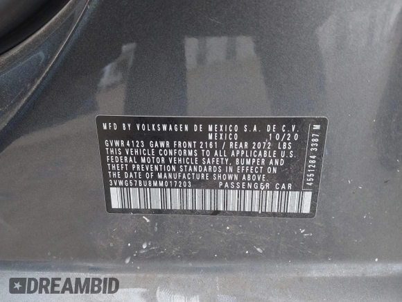 2021 Volkswagen Jetta SEL Premium z VIN 3VWG57BU8MM017203, wystawiony jako IAAI lot #42263741 z przebiegiem 26 556 mil mil oraz . Historia ofert i sprzedaży dostępna na DreamBid. Obrazek 9.