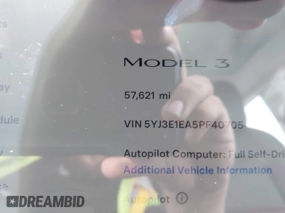 2023 Tesla Model 3 with VIN 5YJ3E1EA5PF407054, listed as a IAAI auction lot 42313770 with 57,621 mi miles and . Bid and sale history available at DreamBid. Image 15.