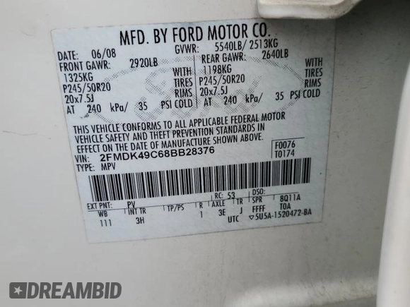 2008 Ford Edge Limited with VIN 2FMDK49C68BB28376, listed as a Copart auction lot 71286074 with 192,739 mi miles and Salvage Title. Bid and sale history available at carsss.com. Image 13.