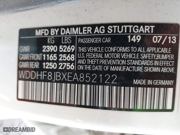 2014 Mercedes-Benz E-Class E 350 Luxury with VIN WDDHF8JBXEA852122, listed as a IAAI auction lot 41659079 with 60,991 mi miles. Bid and sale history available at carsss.com. Image 9.