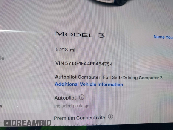 2023 Tesla Model 3 z VIN 5YJ3E1EA4PF454754, wystawiony jako IAAI lot #42665785 z przebiegiem 5 218 mil mil oraz . Historia ofert i sprzedaży dostępna na DreamBid. Obrazek 16.