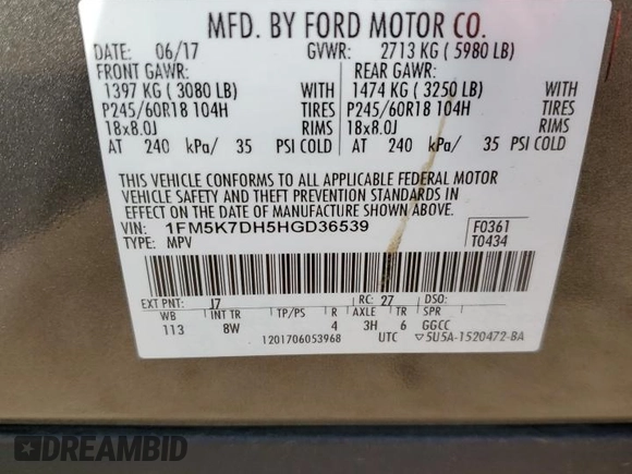2017 Ford Explorer XLT with VIN 1FM5K7DH5HGD36539, listed as a Copart auction lot 88636675 with 107,709 mi miles and Salvage Title. Bid and sale history available at carsss.com. Image 13.