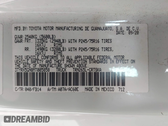 2021 Toyota Tacoma SR с VIN 3TYRX5GN8MT005858, выставлен на аукционе IAAI как лот 42022056 с пробегом 59 608 миль миль и . История ставок и продаж доступна на DreamBid. Изображение 9.