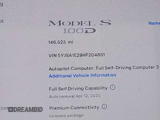2017 Tesla Model S 100D with VIN 5YJSA1E29HF204881, listed as a IAAI auction lot 41785767 with 146,523 mi miles and . Bid and sale history available at DreamBid. Image 15.