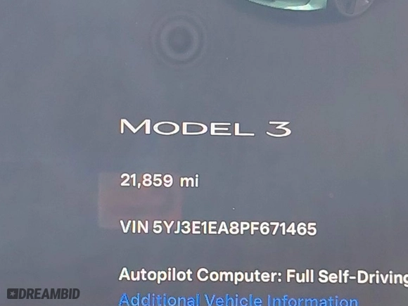 2023 Tesla Model 3 with VIN 5YJ3E1EA8PF671465, listed as a IAAI auction lot 41599200 with 21,859 mi miles. Bid and sale history available at carsss.com. Image 7.