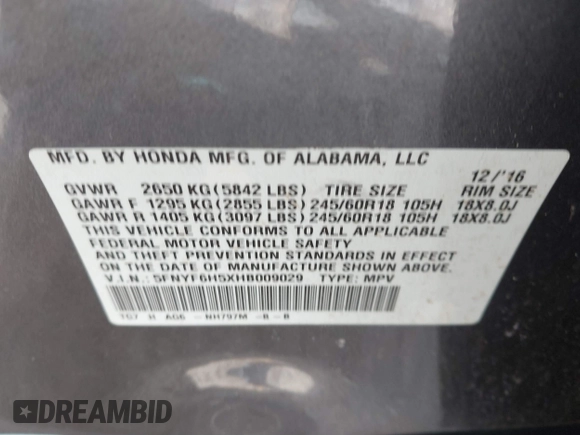 2017 Honda Pilot EX-L with VIN 5FNYF6H5XHB009029, listed as a IAAI auction lot 41883366 with 95,711 mi miles and . Bid and sale history available at DreamBid. Image 9.