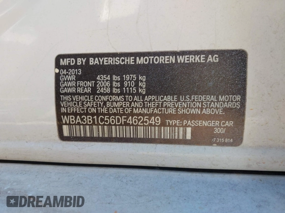 2013 BMW 3 Series 320i with VIN WBA3B1C56DF462549, listed as a IAAI auction lot 41411287 with 119,146 mi miles. Bid and sale history available at carsss.com. Image 9.