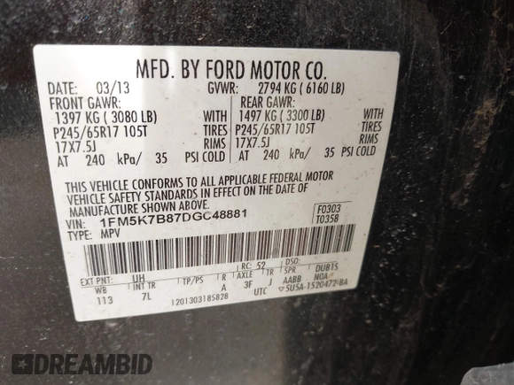 2013 Ford Explorer с VIN 1FM5K7B87DGC48881, выставлен на аукционе IAAI как лот 41998835 с пробегом 170 578 миль миль и . История ставок и продаж доступна на DreamBid. Изображение 9.