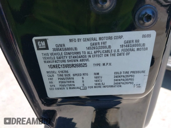 2005 Chevrolet Tahoe LS with VIN 1GNEC13V85R268525, listed as a IAAI auction lot 42637662 with 186,989 mi miles and . Bid and sale history available at DreamBid. Image 9.
