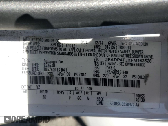 2015 Ford Fiesta S with VIN 3FADP4TJXFM162528, listed as a Copart auction lot 55976685 with 172,064 mi miles and Salvage title. Bid and sale history available at DreamBid. Image 12.