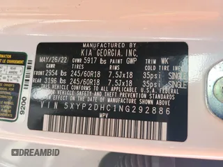2022 Kia Telluride LX with VIN 5XYP2DHC1NG292886, listed as a Copart auction lot 50058115 with 51,235 mi miles and Salvage title. Bid and sale history available at DreamBid. Image 14.