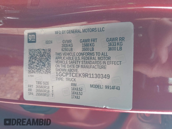 2024 Chevrolet Colorado 4WD LT with VIN 1GCPTCEK9R1130349, listed as a IAAI auction lot 42300063 with 15,920 mi miles and . Bid and sale history available at DreamBid. Image 9.