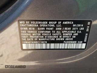 2014 Volkswagen Passat Wolfsburg Edition with VIN 1VWAS7A30EC118276, listed as a Copart auction lot 60730425 with 141,975 mi miles and Salvage title. Bid and sale history available at DreamBid. Image 12.