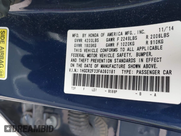 2015 Honda Accord LX with VIN 1HGCR2F33FA060181, listed as a IAAI auction lot 41370624 with 73,975 mi miles and . Bid and sale history available at DreamBid. Image 9.