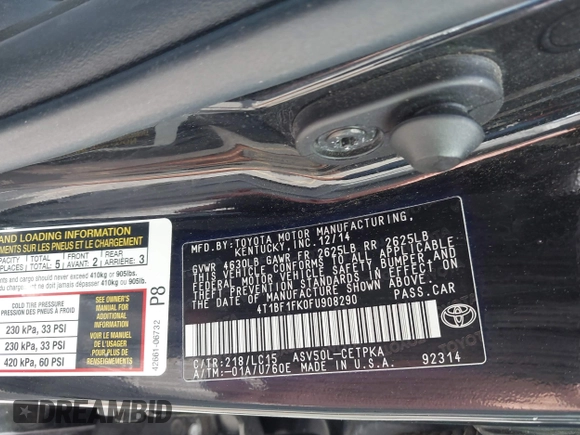 2015 Toyota Camry XLE with VIN 4T1BF1FK0FU908290, listed as a IAAI auction lot 41806103 with 135,533 mi miles and . Bid and sale history available at DreamBid. Image 9.