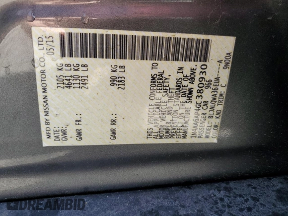 2016 Nissan Maxima S with VIN 1N4AA6AP4GC380930, listed as a Copart auction lot 50172465 with 152,396 mi miles and Salvage Title. Bid and sale history available at DreamBid. Image 13.