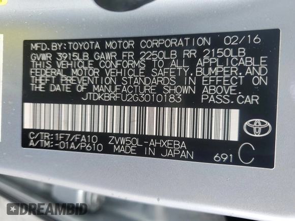 2016 Toyota Prius Two with VIN JTDKBRFU2G3010183, listed as a Copart auction lot 49944375 with 230,516 mi miles and Salvage Title. Bid and sale history available at DreamBid. Image 12.