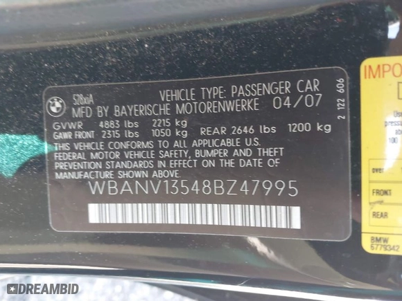 2008 BMW 5 Series 528xi with VIN WBANV13548BZ47995, listed as a IAAI auction lot 41761470 with NaN miles. Bid and sale history available at carsss.com. Image 9.