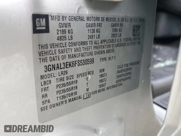 2015 Chevrolet Captiva Sport LT with VIN 3GNAL3EK6FS530599, listed as a Copart auction lot 78209584 with Not Provided miles and Non Repairable. Bid and sale history available at DreamBid. Image 12.