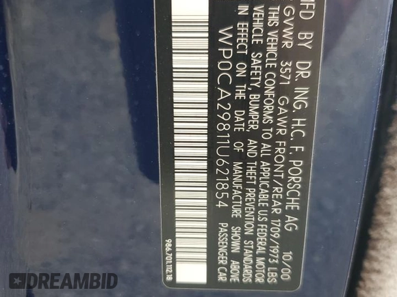 2001 Porsche Boxster с VIN WP0CA29811U621854, выставлен на аукционе Copart как лот 60405085 с пробегом 89 842 миль миль и Чистый • Clean title. История ставок и продаж доступна на DreamBid. Изображение 12.