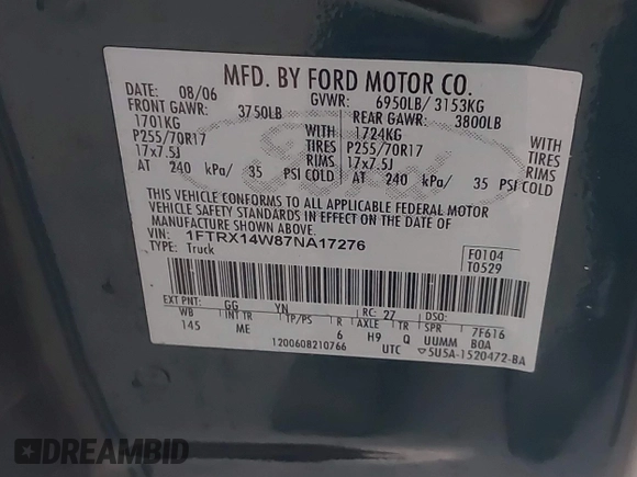 2007 Ford F-150 STX with VIN 1FTRX14W87NA17276, listed as a IAAI auction lot 41853941 with 302,030 mi miles. Bid and sale history available at carsss.com. Image 9.