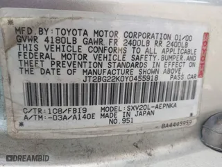 2000 Toyota Camry CE with VIN JT2BG22K0Y0455918, listed as a IAAI auction lot 41878066 with 267,164 mi miles. Bid and sale history available at carsss.com. Image 9.