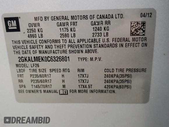 2012 GMC Terrain SLE-1 with VIN 2GKALMEK0C6326801, listed as a Copart auction lot 46122805 with 140,373 mi miles and Salvage Title. Bid and sale history available at carsss.com. Image 14.