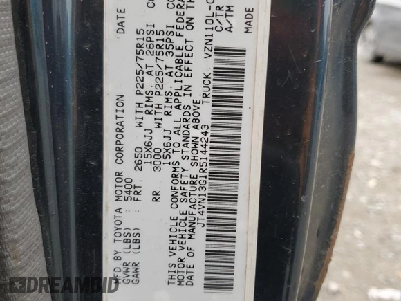 1994 Toyota Pickup SR5 z VIN JT4VN13G1R5144243, wystawiony jako Copart lot #50839095 z przebiegiem 222 885 mil mil oraz Szkoda całkowita • Salvage title. Historia ofert i sprzedaży dostępna na DreamBid. Obrazek 12.