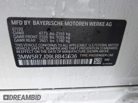 2020 BMW 3 Series 330i xDrive with VIN 3MW5R7J09L8B43636, listed as a IAAI auction lot 41924983 with 45,220 mi miles and . Bid and sale history available at DreamBid. Image 9.