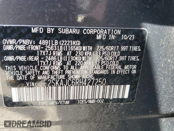 2024 Subaru Forester Wilderness with VIN JF2SKAJC6RH427250, listed as a Copart auction lot 55558725 with 17,912 mi miles and Salvage title. Bid and sale history available at DreamBid. Image 12.