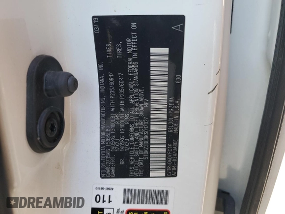 2019 Toyota Sienna LE Auto Access Seat with VIN 5TDKZ3DC9KS017027, listed as a Copart auction lot 46570375 with 82,350 mi miles and Salvage Title. Bid and sale history available at DreamBid. Image 13.