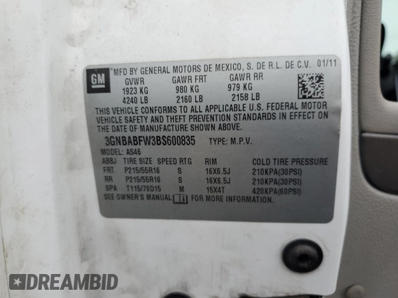 2011 Chevrolet HHR 1LT with VIN 3GNBABFW3BS600835, listed as a Copart auction lot 48711715 with Not Provided miles and Salvage Title. Bid and sale history available at DreamBid. Image 14.