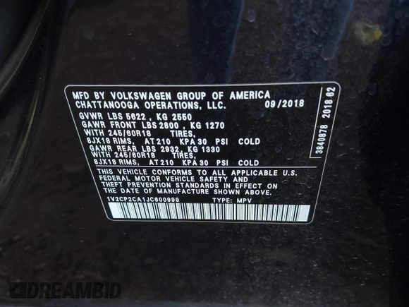 2018 Volkswagen Atlas SE with VIN 1V2CP2CA1JC600999, listed as a IAAI auction lot 42339421 with 133,490 mi miles and . Bid and sale history available at DreamBid. Image 9.