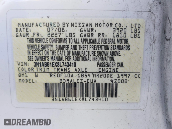 2008 Nissan Sentra 2.0 с VIN 3N1AB61EX8L743410, выставлен на аукционе IAAI как лот 41610297 с пробегом 191 118 миль миль и . История ставок и продаж доступна на DreamBid. Изображение 9.
