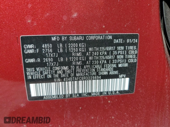 2024 Subaru Outback Premium with VIN 4S4BTAFC6R3229894, listed as a Copart auction lot 52642185 with 6,084 mi miles and Salvage title. Bid and sale history available at DreamBid. Image 14.