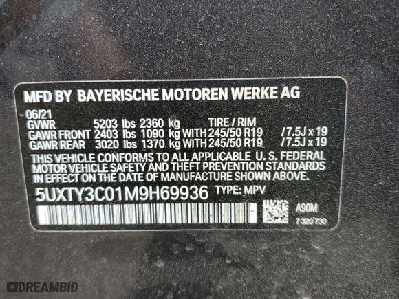 2021 BMW X3 sDrive30i with VIN 5UXTY3C01M9H69936, listed as a Copart auction lot 50405525 with 24,092 mi miles and Salvage Title. Bid and sale history available at carsss.com. Image 13.
