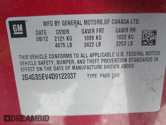 2013 Buick Regal Turbo Premium 1 with VIN 2G4GS5EV4D9122037, listed as a IAAI auction lot 42539219 with 182,078 mi miles and . Bid and sale history available at DreamBid. Image 9.